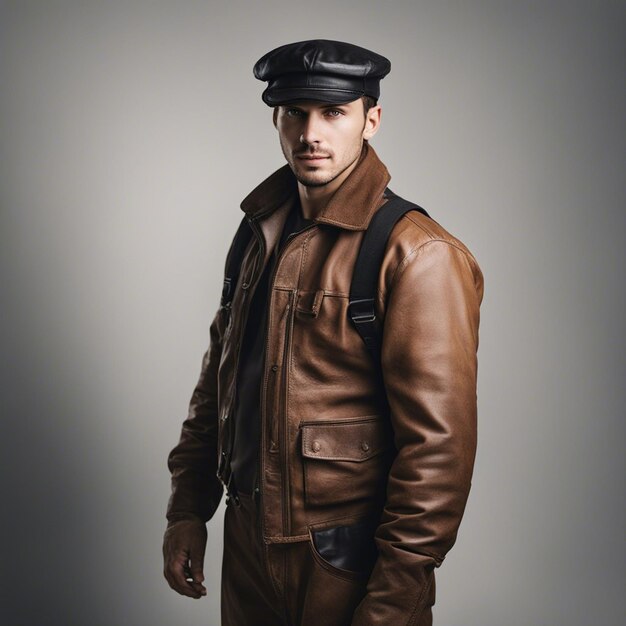 A 25 years old Romanian young man portrait wrinkled in a leather miner cap white background