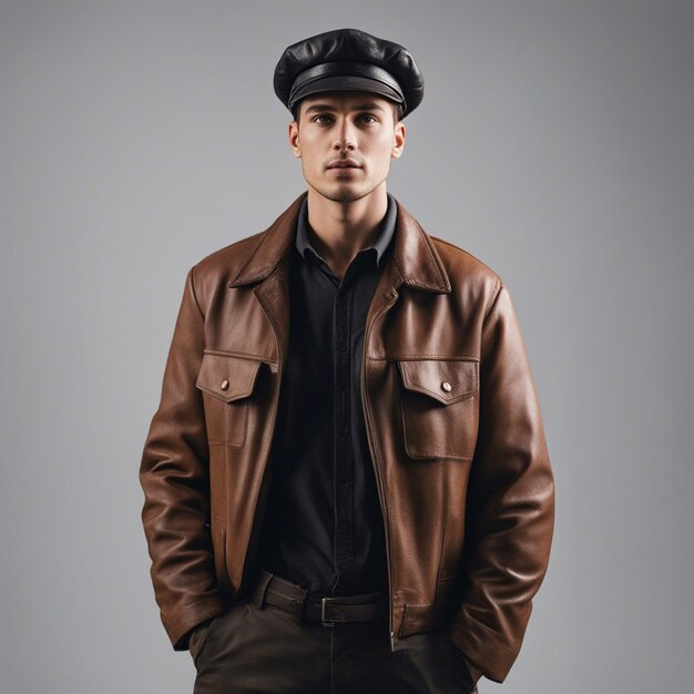 Photo a 25 years old romanian young man portrait wrinkled in a leather miner cap white background