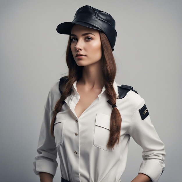 Photo a 25 years old romanian young woman's portrait wrinkled in a leather miner cap white background