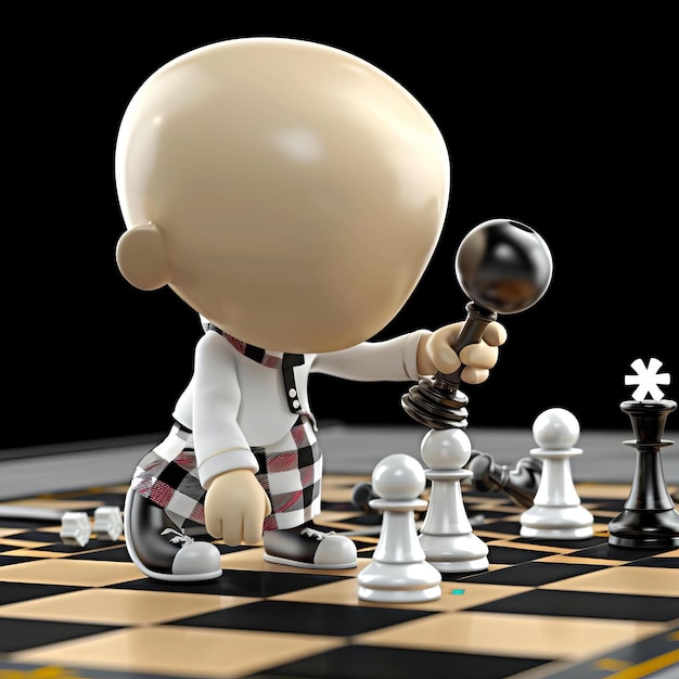 254 Methodical 3D cartoon figure carefully plotting out each strategic move