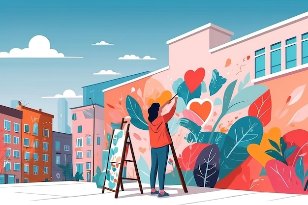 26 Design a vector of a person painting a selflove mural on a city wall