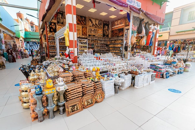 26 February 2021 UAE Dubai A market stall sells handmade goods and souvenirs for tourists in the African Pavilion in Global Village