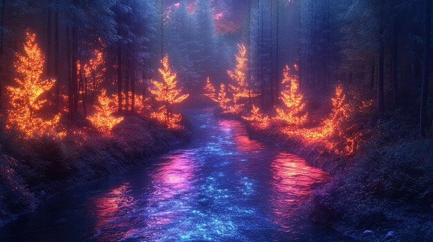 Photo 26 a serene surreal landscape of a peaceful river winding through a glowing neonlit forest