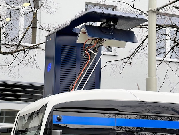 26022023 Gdynia Trojmiasto Poland Europe Closeup of a pantograph charging electric public transport bus