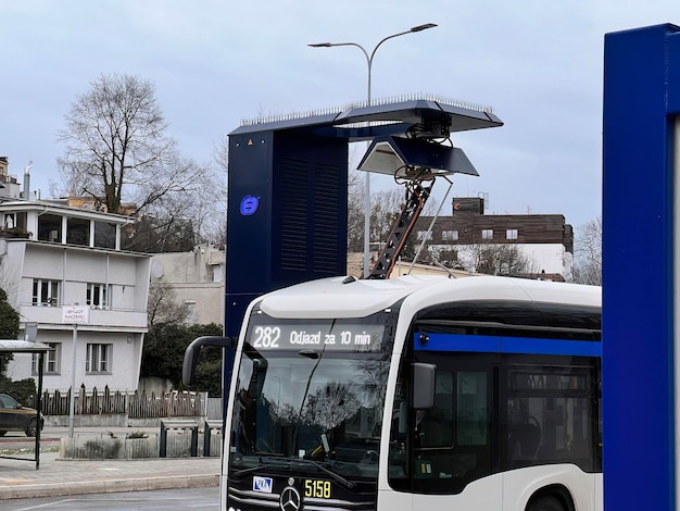 26022023 Gdynia Trojmiasto Poland Europe Closeup of a pantograph charging electric public transport bus