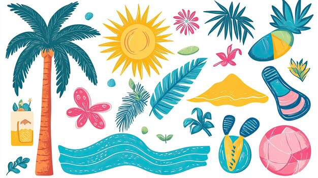 Photo 27 collection of graphic elements for a summer beach party featuring sun waves palm trees flip flops and beach balls bright and bold colors with a tropical vibe