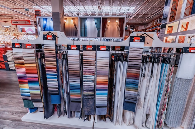 27 June 2022 Antalya Turkey Curtains and fabric and textile samples for sale in turkish Baihaus store