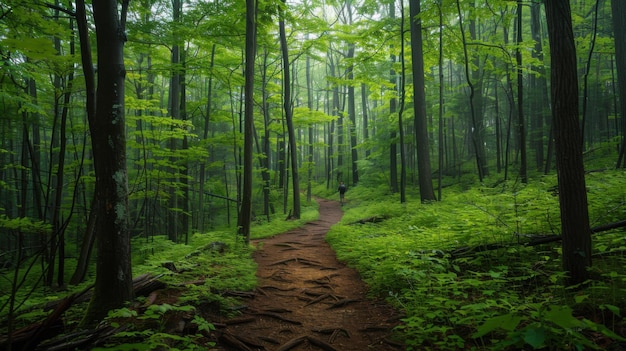 27 A serene forest scene with a person hiking along a trail