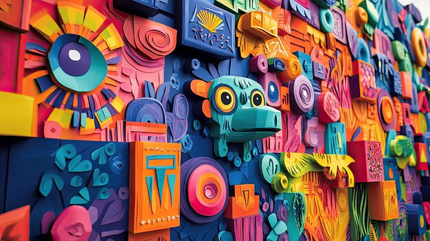 Photo 29 a 3d paper art representation of mexican street art featuring vibrant murals colorful papel picado and traditional motifs the design uses bold colors and intricate paper layers to celebrate