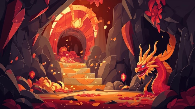 2D abstract dangerous cave with pile of gold coins and jewels cartoon illustration generative ai