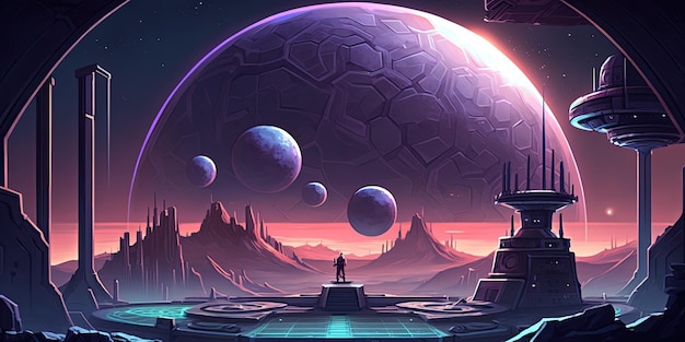 2D Alien Planet background environment for a battle arena mobile game Generative ai