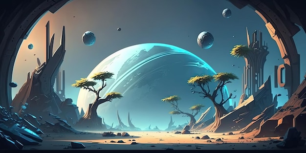 2D Alien Planet background environment for a battle arena mobile game Generative ai