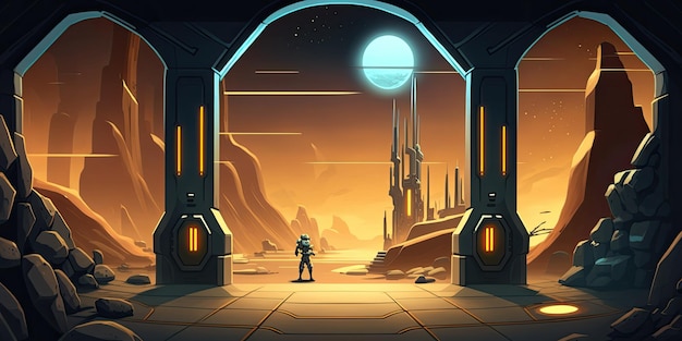 2D Alien Planet background environment for a battle arena mobile game Generative ai