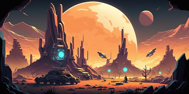 2D Alien Planet background environment for a battle arena mobile game Generative ai