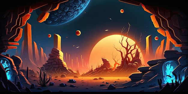 2D Alien Planet background environment for a battle arena mobile game Generative ai