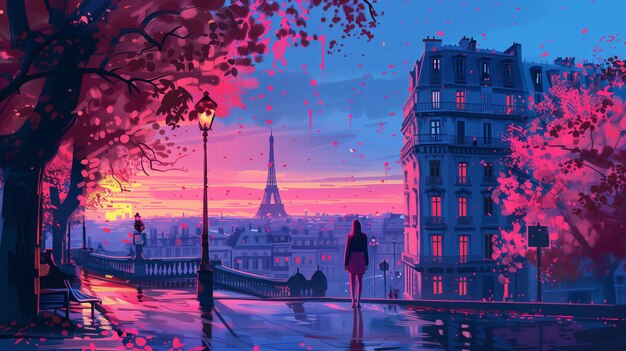 2D art girl in Paris in pink and blue colors