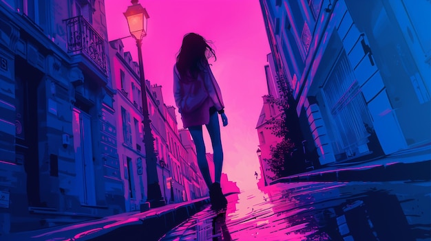 2D art girl in Paris in pink and blue colors