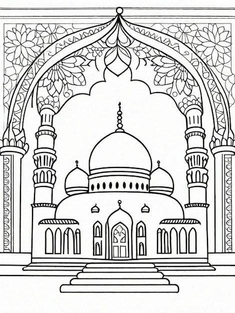 2D big mosque coloring book page