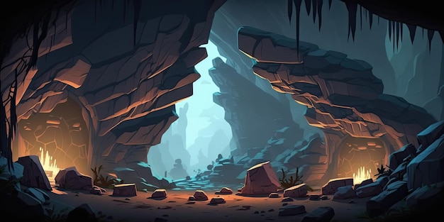 2D Cave in rock background environment for a battle arena mobile game Generative ai