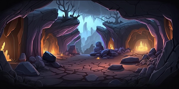 2D Cave in rock background environment for a battle arena mobile game Generative ai