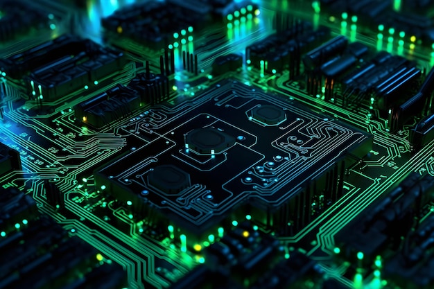 2D circuit board plan with neon glow view from top