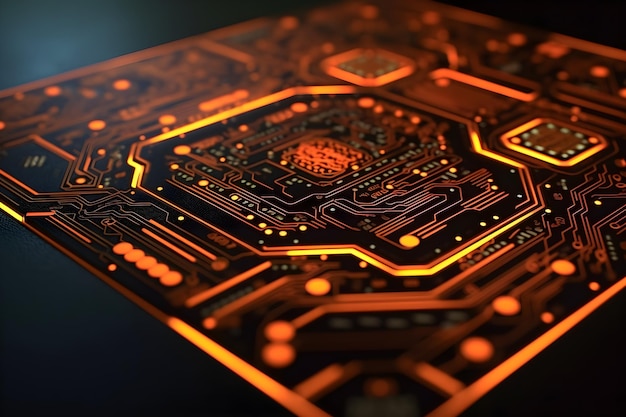 2D circuit board plan with neon glow view from top