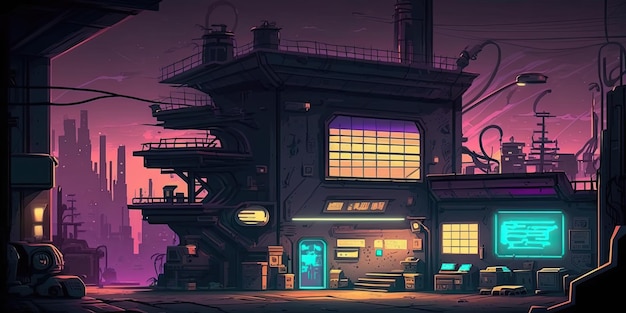 2D Cyberpunk City background environment for a battle arena mobile game Generative ai