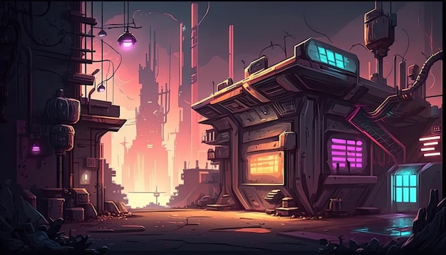 2D Cyberpunk City background environment for a battle arena mobile game Generative ai