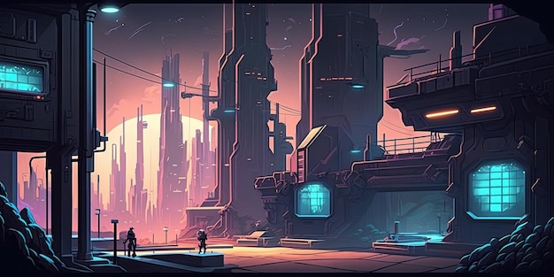 2D Cyberpunk City background environment for a battle arena mobile game Generative ai