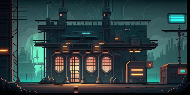 2D Cyberpunk City background environment for a battle arena mobile game Generative ai