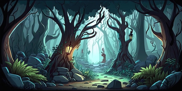 2D Enchanted Forest background environment for a battle arena mobile game Generative ai