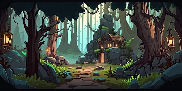 2D Enchanted Forest background environment for a battle arena mobile game Generative ai