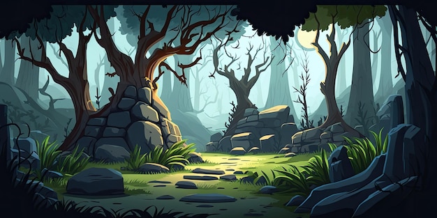 2D Enchanted Forest background environment for a battle arena mobile game Generative ai