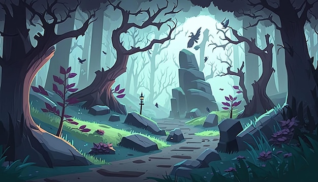 2D Enchanted Forest background environment for a battle arena mobile game Generative ai