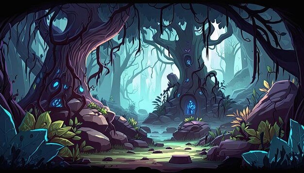 2D Enchanted Forest background environment for a battle arena mobile game Generative ai