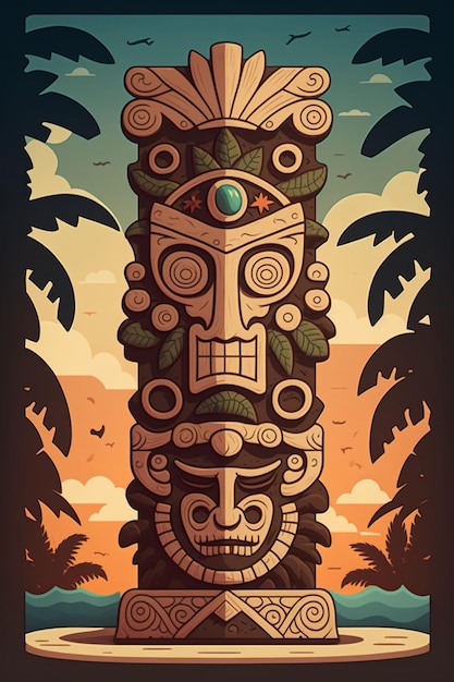 2D flat Mayan totem plank daytime backgroundGenerative AI