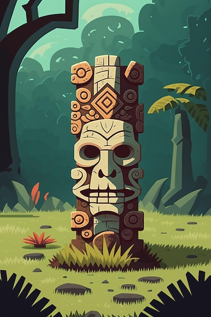 2D flat Mayan totem plank grassland backgroundGenerative AI