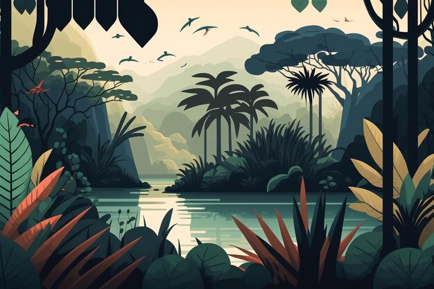 2D flat Tropical forest and lake backgroundGenerative AI