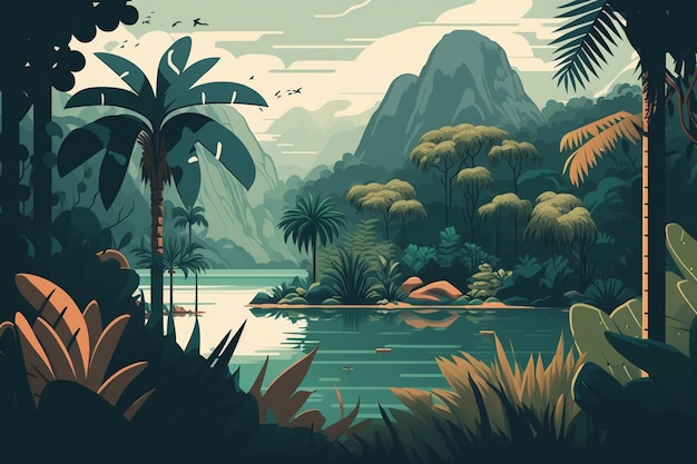 2D flat Tropical forest and lake backgroundGenerative AI