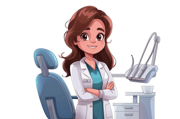 2D funny cartoon female dentist full body white backgroud ar 32 stylize 250 Job ID deaf53f00d944133a73921fb56bbc52d