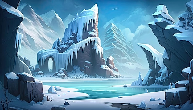 2D Ice Snow background environment for a battle arena mobile game Generative ai