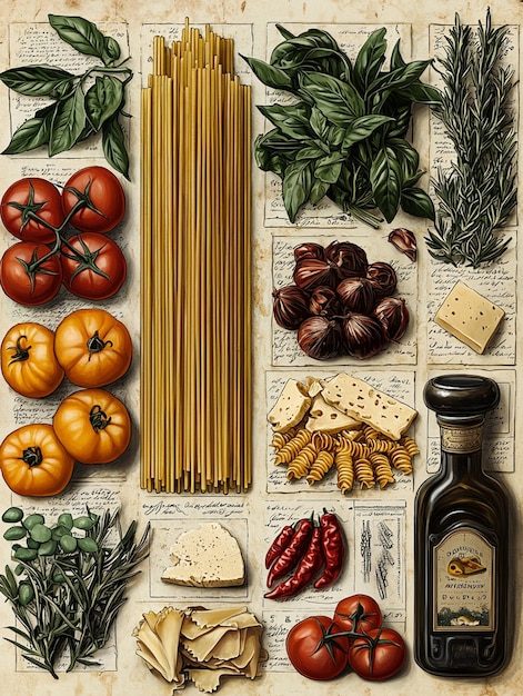 2D illustrated collage in a vintage style featuring classic Italian ingredients arranged as if in a