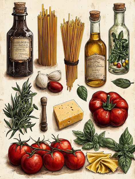 2D illustrated collage in a vintage style featuring classic Italian ingredients arranged as if in a