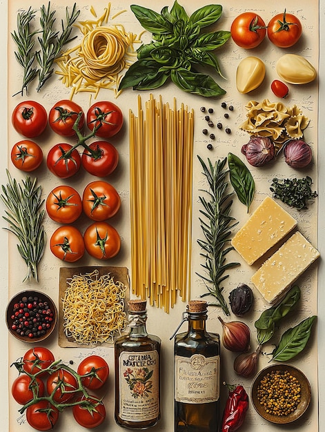 Photo 2d illustrated collage in a vintage style featuring classic italian ingredients arranged as if in a