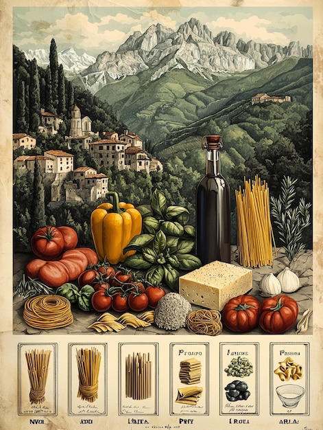 2D illustrated collage in a vintage style featuring classic Italian ingredients arranged as if in a