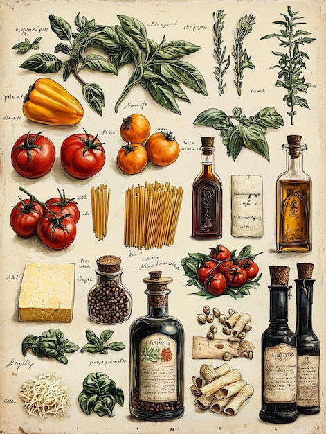 Photo 2d illustrated collage in a vintage style featuring classic italian ingredients arranged as if in a