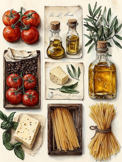 2D illustrated collage in a vintage style featuring classic Italian ingredients arranged as if in a