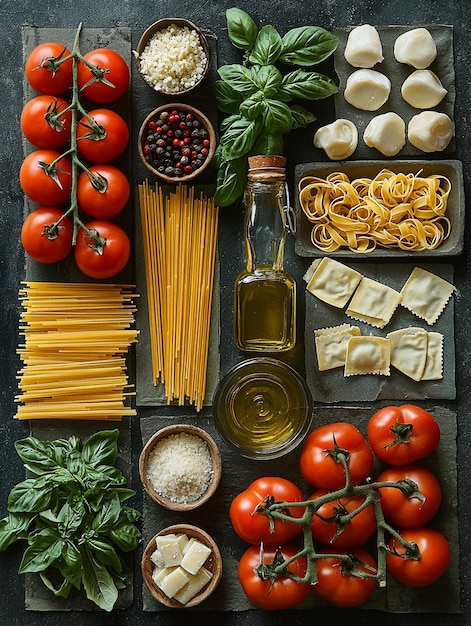 Photo 2d illustrated collage in a vintage style featuring classic italian ingredients arranged as if in a