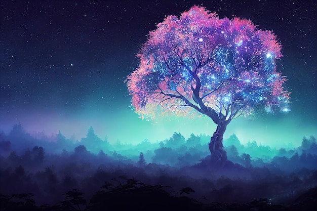 2D Illustration fantasy of neon forest on beautiful sky Glowing colorful look like fairytale