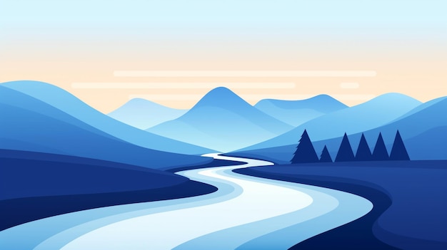 Photo 2d illustration of a river flowing smoothly on a plain with basic shapes